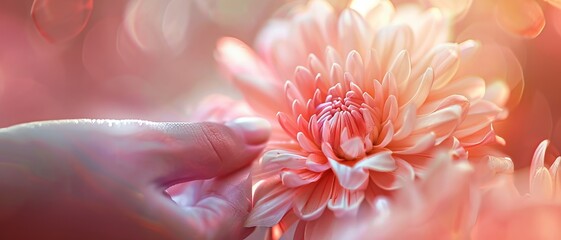 A digital artwork capturing the gentle touch of fingertips on a delicate flower , stock photographic, no contrast, clean sharp focus - obrazy, fototapety, plakaty