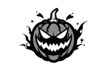 Halloween Pumpkin Illustration logo with an open mouth and splashes of water for a game club, in Japanese style on a white background 