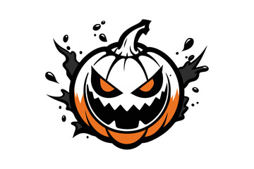 Halloween Pumpkin Illustration logo with an open mouth and splashes of water for a game club, in Japanese style on a white background 