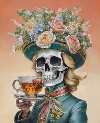 Artistic painting of an elegant woman with a skull, and flowers on the hat, holding a cup of tea
