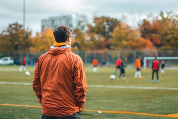 Obraz premium A male coach of a school soccer team on a field