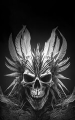 Scary skull with feathers, carnival mask on black background with copy space above