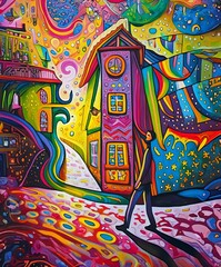 Man walking in the street between houses, psychedelic art for print and textile