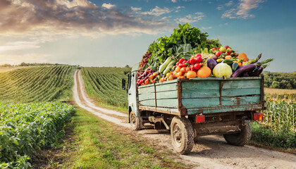 Truck loaded with harvest in the country. Pictorial landscape - obrazy, fototapety, plakaty