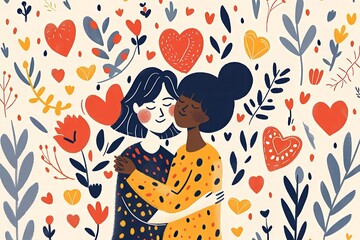 A whimsical illustration of two friends embracing, surrounded by symbols of friendship such as hearts and hands holding , minimal, no contrast, clean sharp focus