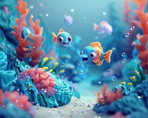 Fototapeta na wymiar Create a fluffy underwater scene with isometric perspective featuring oversizedeyed creatures swimming joyfully