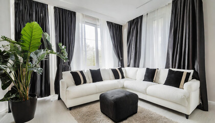 Minimalist interior design of modern living room, home. White sofa with black pillows against white and black curtains.