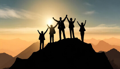 Silhouette of business team stand and feel happy on the most hight at the mountain on sunset, success, leader, teamwork, target, Aim, confident, achievement, goal, on plan, finish