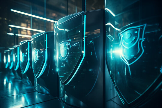 with data protection and antivirus Biometric verification and facial recognition Web security concept engraved on the blue metal hexagonal base background. glowing key logo