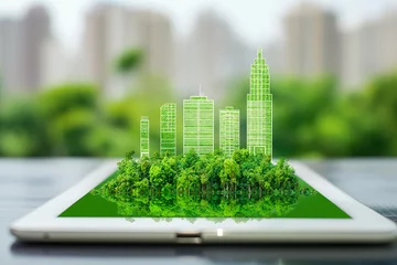 Poster Tablet computer screen and city skyscrapers background graph vector graphics © atitaph