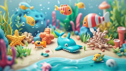 Fototapeta na wymiar Transform your banner ad with an isometric illustration of a cute underwater scene filled with adorable creatures , 3D render, no contrast, clean sharp focus