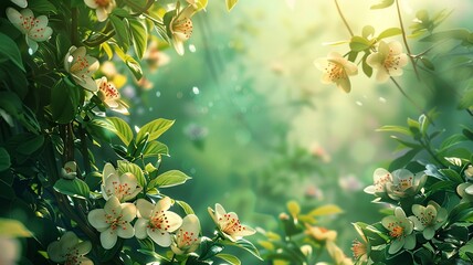 Incorporate a blank banner ad copy space into your artwork, surrounded by vibrant green foliage and delicate blossoms for a captivating visual effect , blender render, no contrast, clean sharp focus - obrazy, fototapety, plakaty