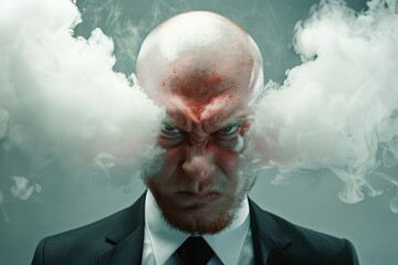 A very Angry man with red face and steam jets emerging from his ears Isolated on solid white background - obrazy, fototapety, plakaty