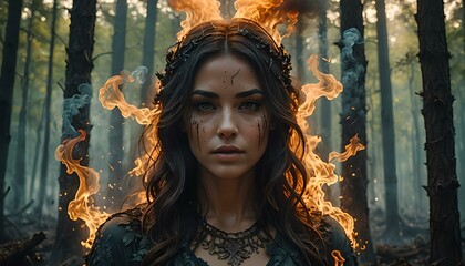 Fototapeta premium portrait of a woman in the woods , fire and smoke