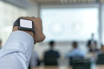 A wrist adorned with a smartwatch presenting a white mockup screen during a business meeting in a conference room