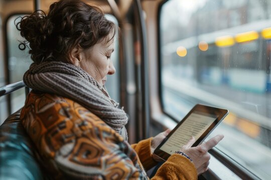 A woman or man reads an e-book on a tablet while commuting on a train