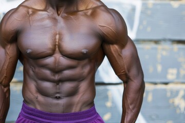 Fototapeta premium Afro American fitness model torso in purple top with well defined abdominal muscles