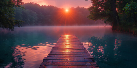 calming moment in a lake sunrise landscape with wooden pier - obrazy, fototapety, plakaty