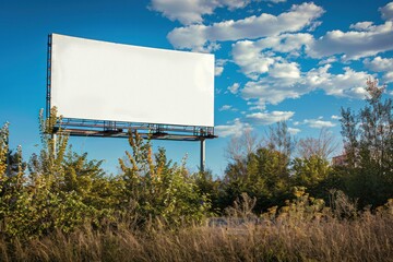 An outdoor white billboard overlooking a highway with space for advertising content
