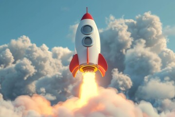 3d Cartoon space ship rocket taking off