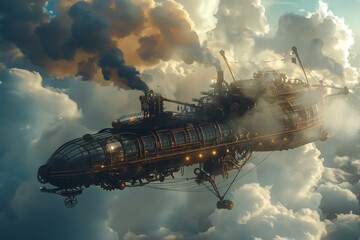 : Steampunk airship, gears turning, steam billowing through clouds.