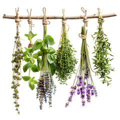 Fresh herbs hanging to dry isolated on white background, studio photography, png
