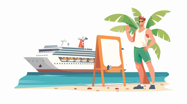 Man in shorts with blank sign and cruise ship flat vector