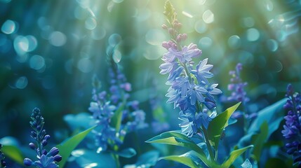 Spring flowers under the rays of sunlight. Lilac flower close-up. Beautiful landscape of nature. Hi spring. Beautiful flowers on a green meadow. Blue flower, lily ,Generative ai,  - obrazy, fototapety, plakaty