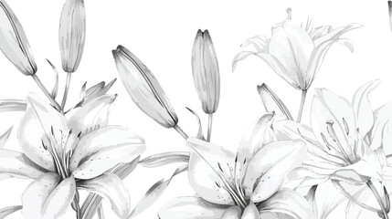 Monochrome background with hand-drawn lily flowers. 