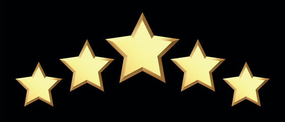 Five golden stars isolated on black background. Rating stars icon. Vector illustration. black background