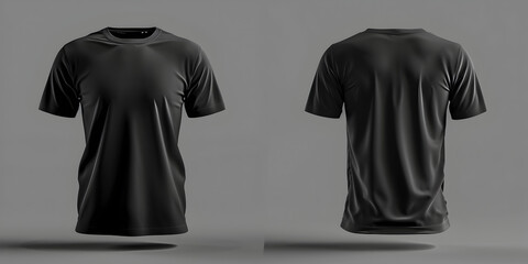 Black blank men t shirt template with invisible model body empty crewneck shirt front and back view.
 - obrazy, fototapety, plakaty
