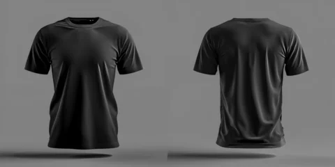 Fotobehang Black blank men t shirt template with invisible model body empty crewneck shirt front and back view.  © Sohail