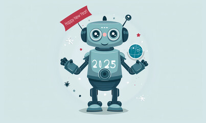 Naklejka premium The robot congratulates humanity on the coming year 2025.