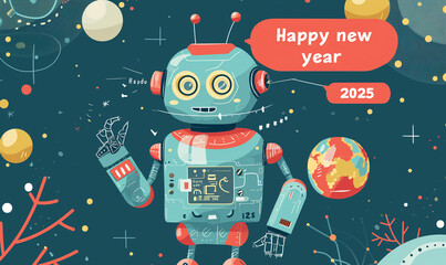 Obraz premium The robot congratulates humanity on the coming year 2025.