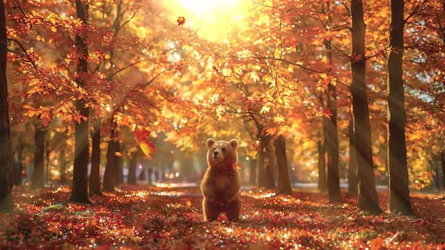Immerse yourself in the cozy atmosphere of the woods as a teddy bear roams amidst the autumn foliage in this captivating 4k looping video.