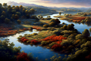 beautiful painted landscape - aerial view - lake bog in a forest with autumn foliage, mountains in the background