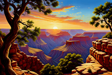beautiful dramatic landscape painting - Grand Canyon National Park - America's natural beauty - the sun sets beneath a cloudy sky, desert landscape with trees