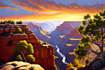 beautiful dramatic landscape painting - Grand Canyon National Park - America's natural beauty - desert trees dot the cliffs overlooking the Colorado river, the sky ablaze with sunset