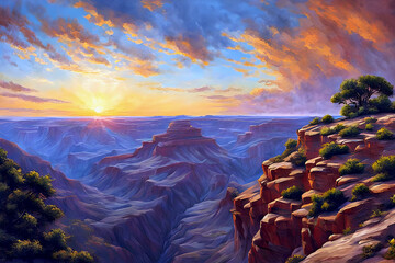 beautiful dramatic landscape painting - Grand Canyon National Park - America's natural beauty - misty sunset over Arizona