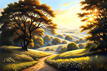 beautiful painted landscape of a trail through the rolling fields and trees - rural autumn countryside