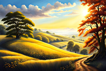 beautiful painted landscape of rolling fields in the countryside with rural autumn trees beneath a cloudy sky