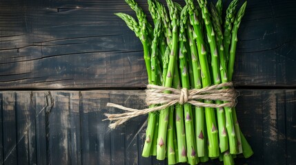 Close up of a fresh Asparagus Bundle on a rustic wooden Table