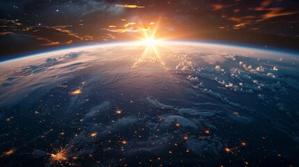 Majestic Sunrise Over Earth as Viewed From Space Highlighting Atmospheric Phenomena - obrazy, fototapety, plakaty