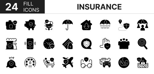 Collection of 24 insurance fill icons featuring editable strokes. These outline icons depict various modes of insurance, life, health, safety, shield,