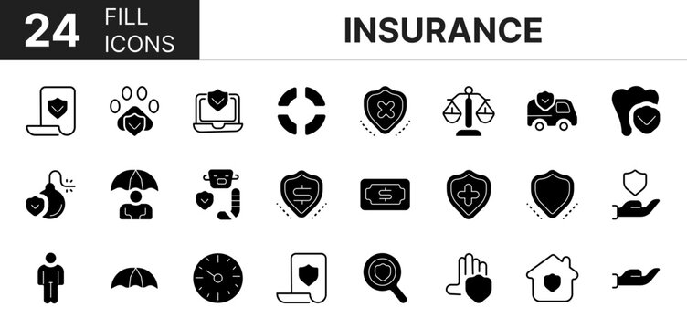 Collection of 24 insurance fill icons featuring editable strokes. These outline icons depict various modes of insurance, life, health, safety, shield,