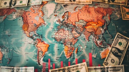 Naklejka premium Currency exchange and money transfer concept with world map and banknotes of different currencies with graph background