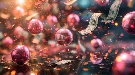 Lottery win celebration with raining money