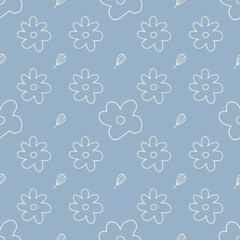 Abstract hand drawn floral pattern vector. Seamless cute flower pattern on a blue background. Simple repeat textile pattern.