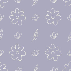 Abstract hand drawn floral pattern vector. Seamless cute flower pattern on a purple background. Simple repeat textile pattern.