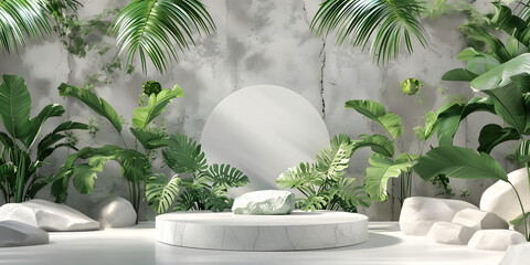 3D podium made of natural stone and concrete surrounded by tropical leaves and vegetation. Empty podium for presentation of packaging products, fresh eco background